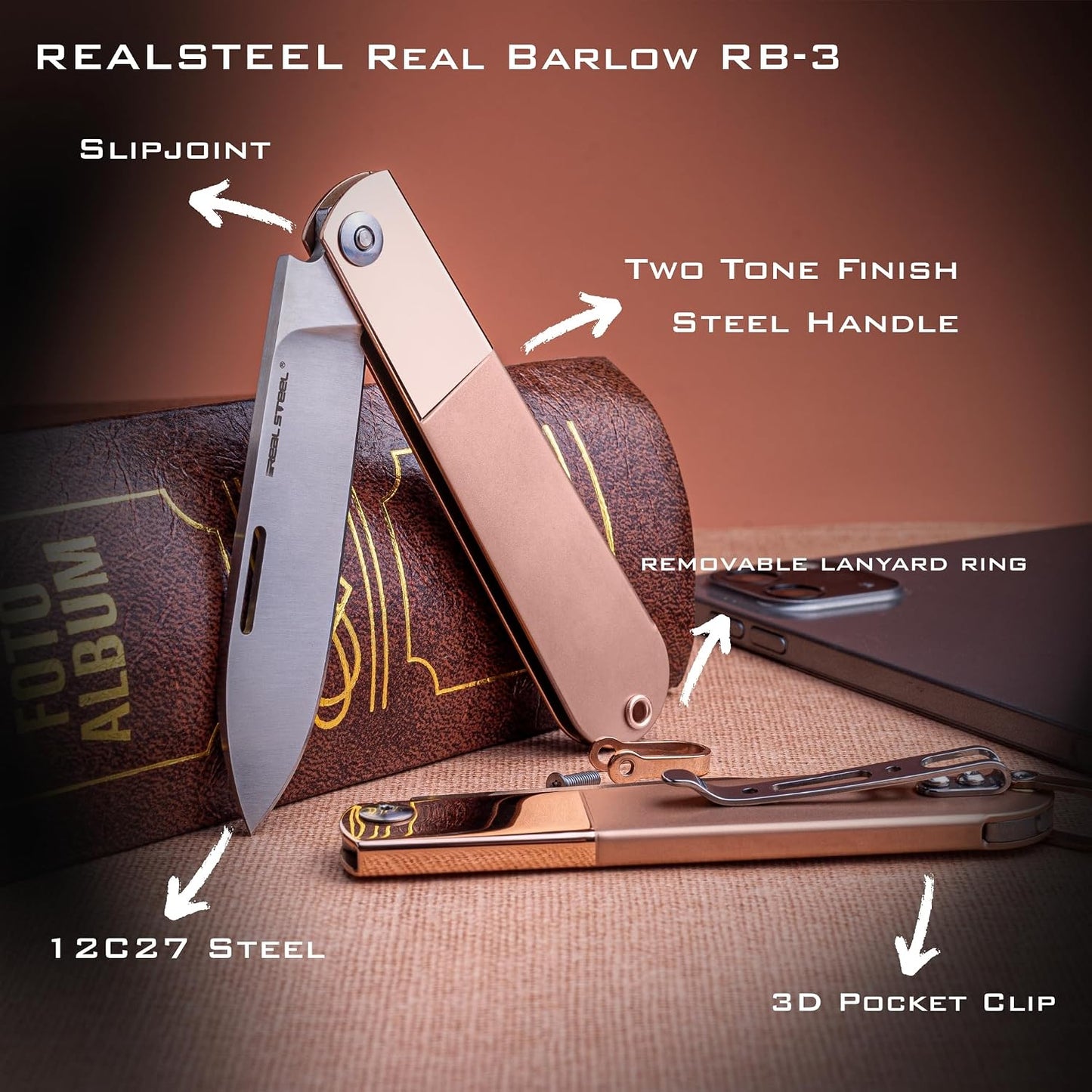 Cuchillo plegable Real Barlow RB-3 acero 12C27 2.8"