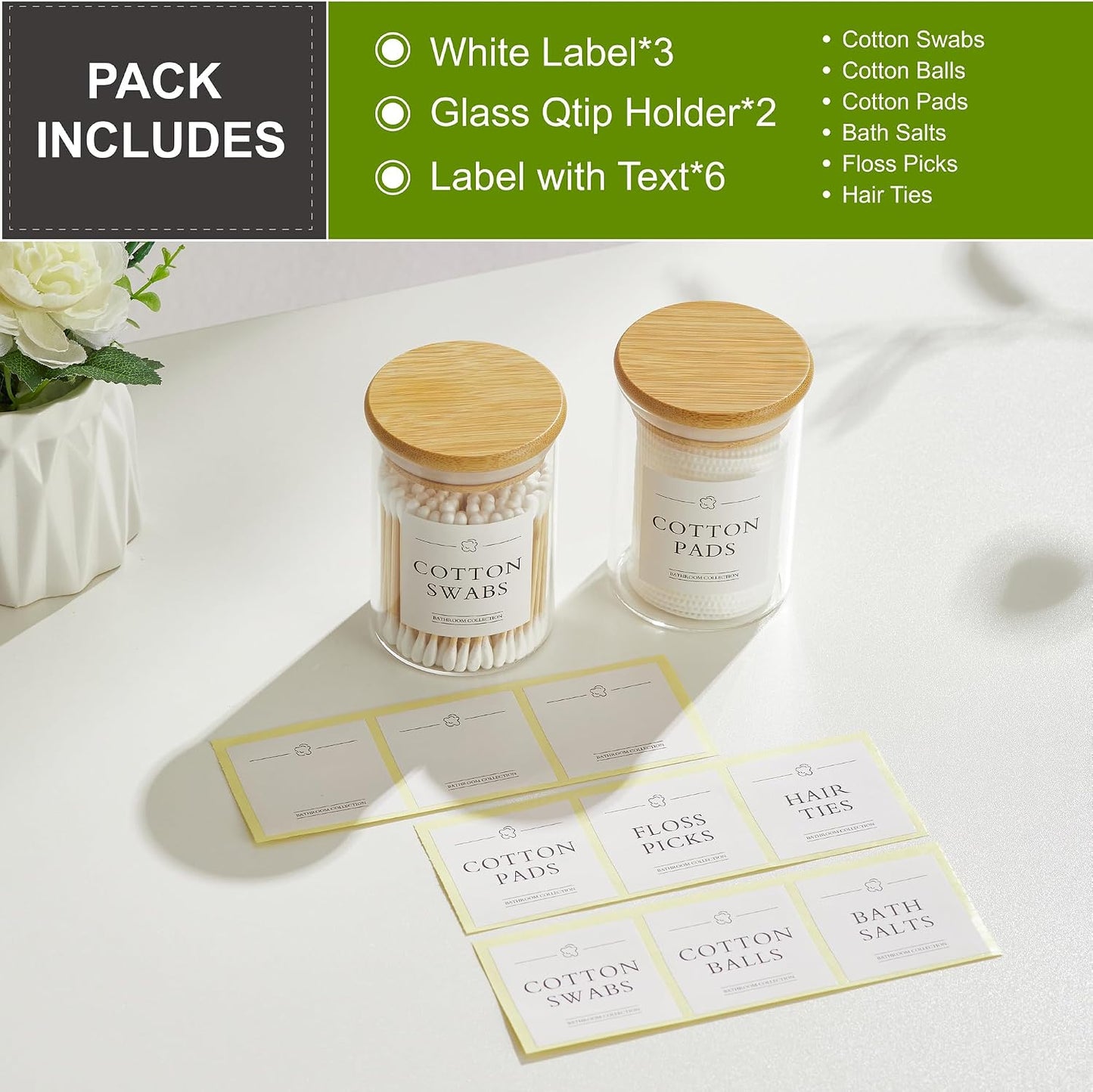 2 Dispensadores Bastoncillos Vidrio con Soporte Bambú