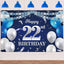 Cartel cumpleaños 22 globos azul marino confeti plateado purpurina