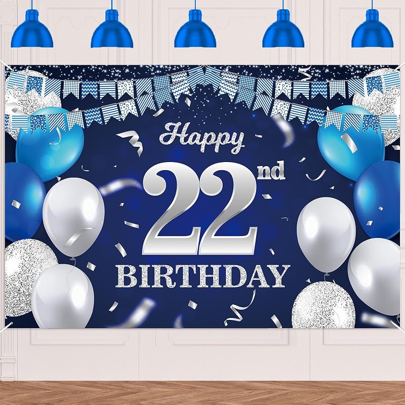 Cartel cumpleaños 22 globos azul marino confeti plateado purpurina