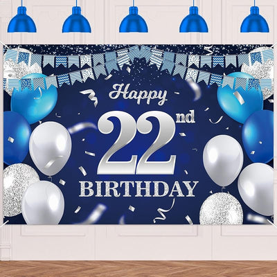 Cartel cumpleaños 22 globos azul marino confeti plateado purpurina
