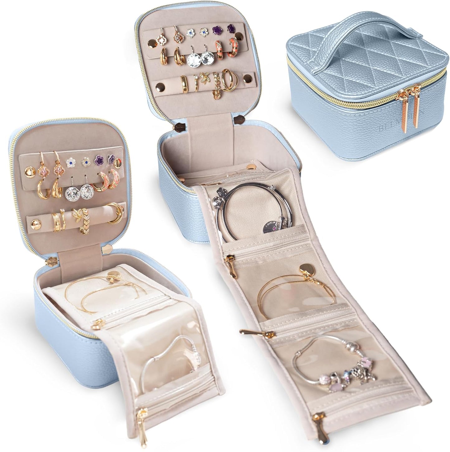 Estuche viaje joyas antienredos para mujer azul cielo