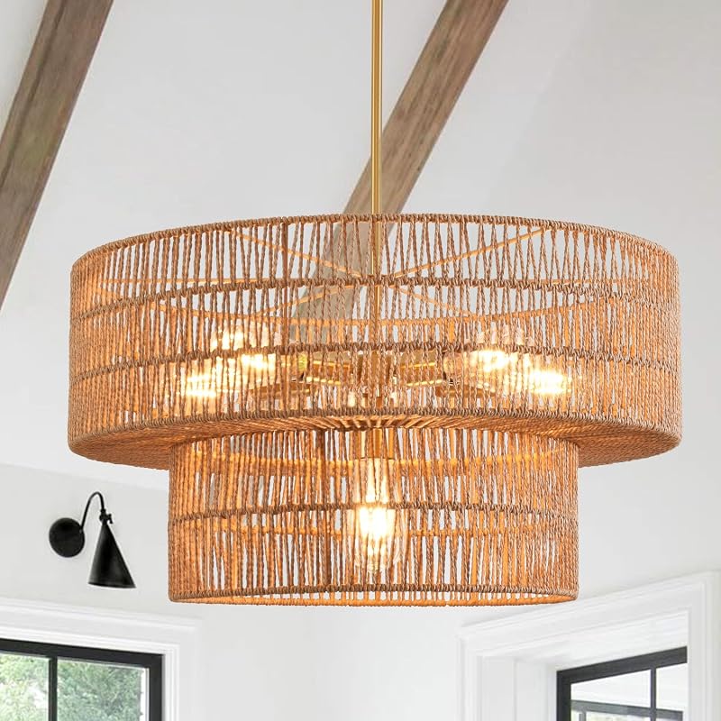 Lámpara araña ratán 6 luces 23.62" colgante bohemia comedor