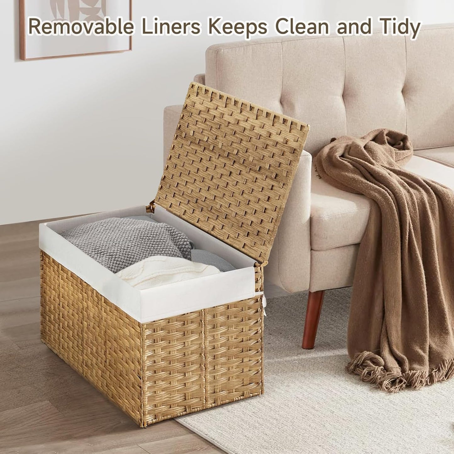 Cesta mimbre 180l con tapa forro extraíble para dormitorio