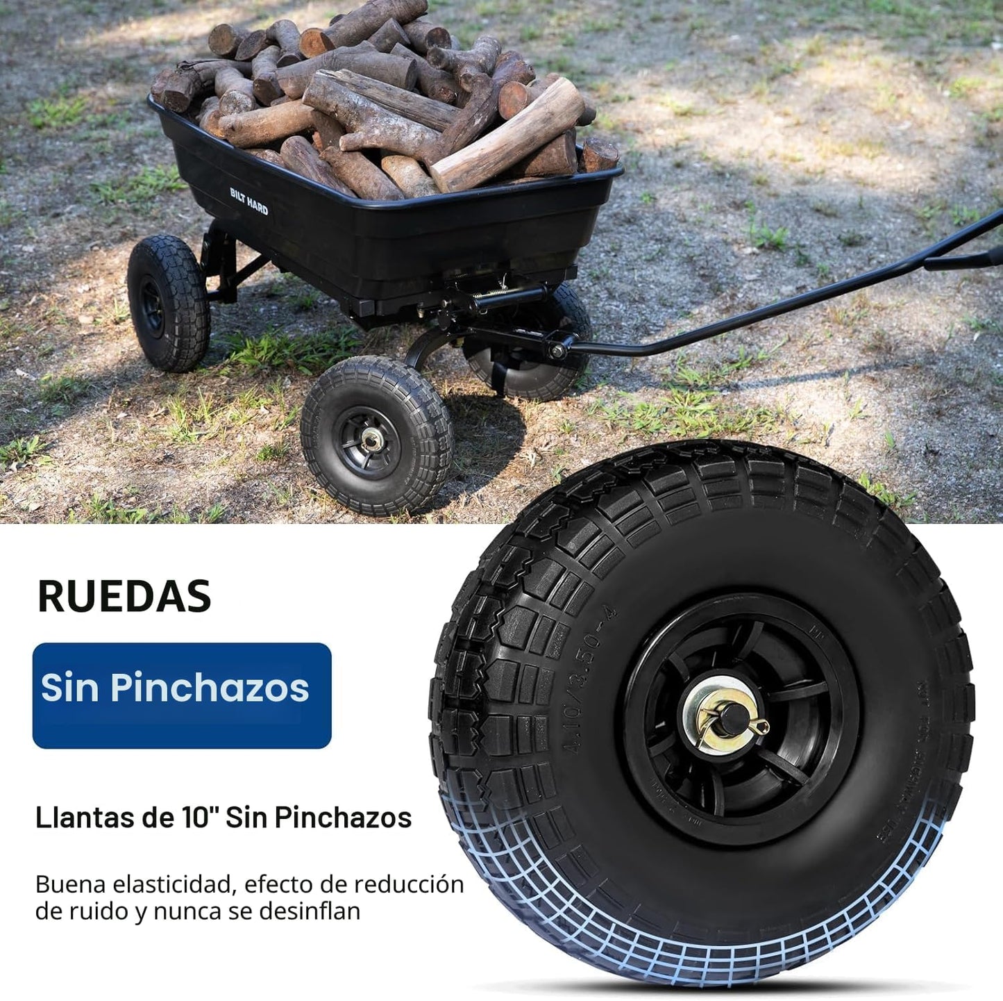 Carro jardín polietileno resistente 4ft³ 600lb ruedas 10pulg