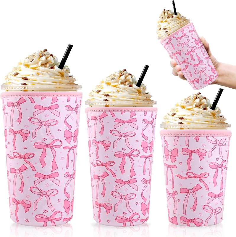 3 Pzas Fundas Neopreno Aisladas para Taza Café con Lazo Rosa