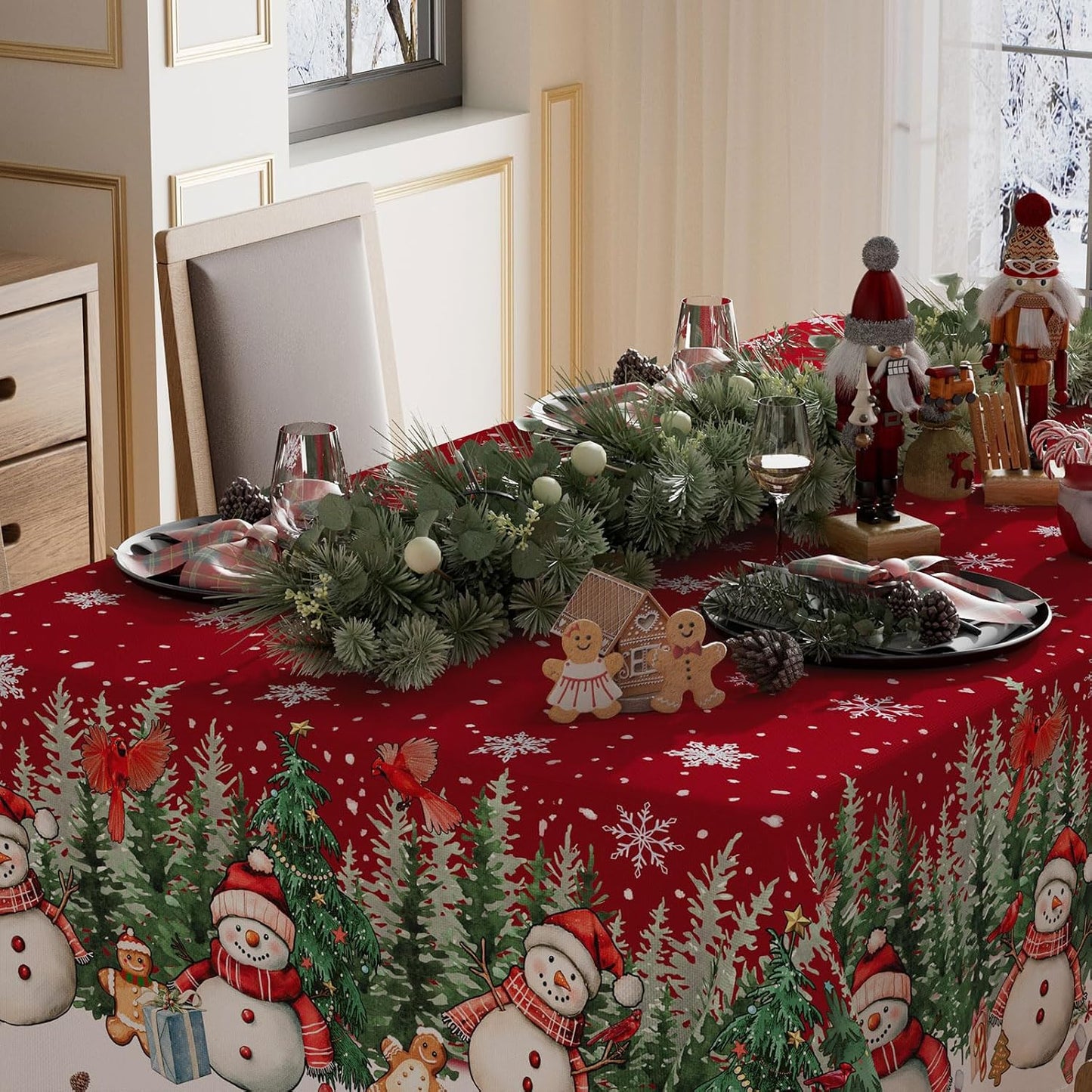 Mantel navideño rectangular con muñeco nieve y árbol lavable