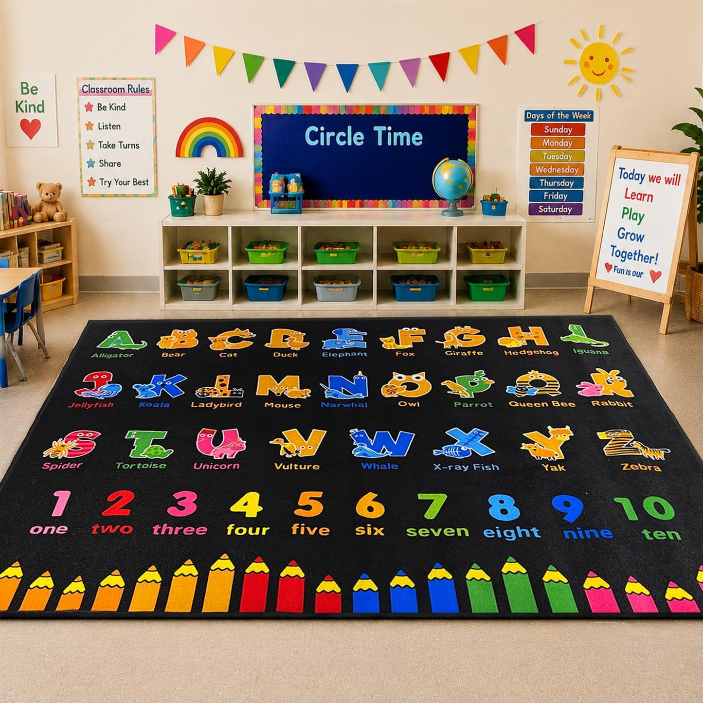 Alfombra aula primaria 13x7.7ft con números y letras
