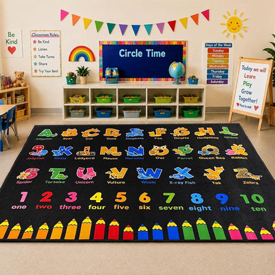 Alfombra aula primaria 13x7.7ft con números y letras