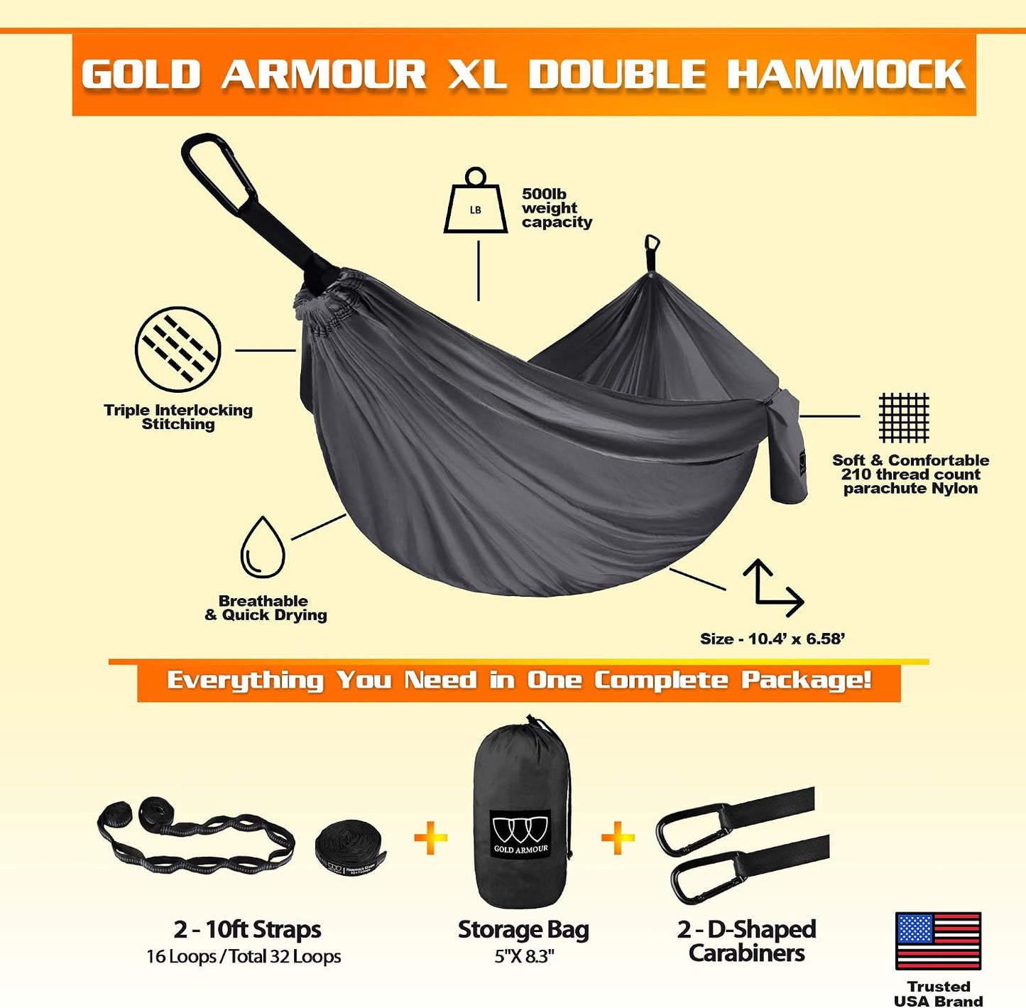 Hamaca doble XL portátil con correas de árbol gris