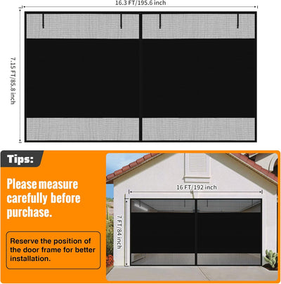 Pantalla privacidad puerta garaje 2 autos 16x7ft opaca malla negro