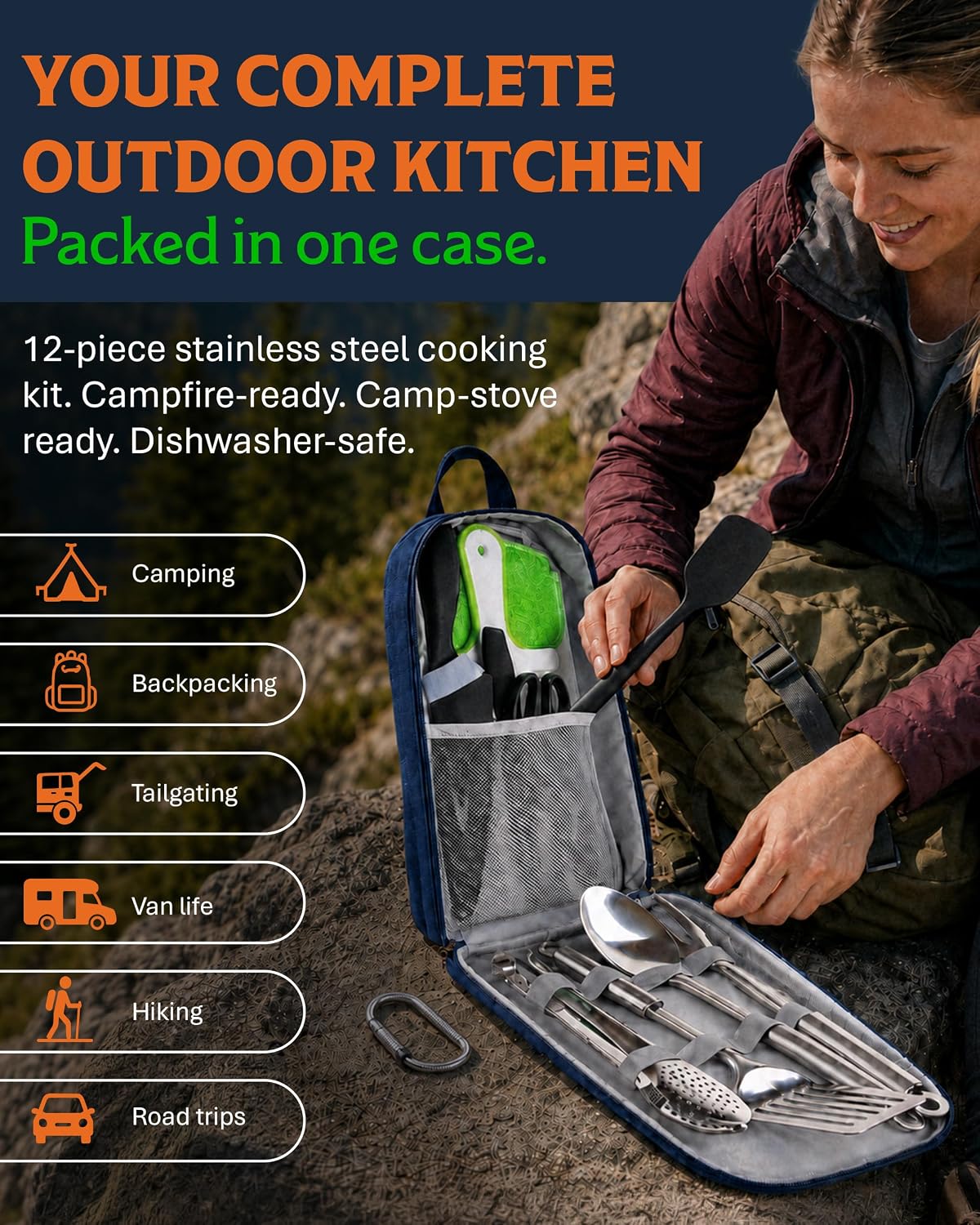 Set 12 Pzas Utensilios Cocina Campamento Estuche Compacto