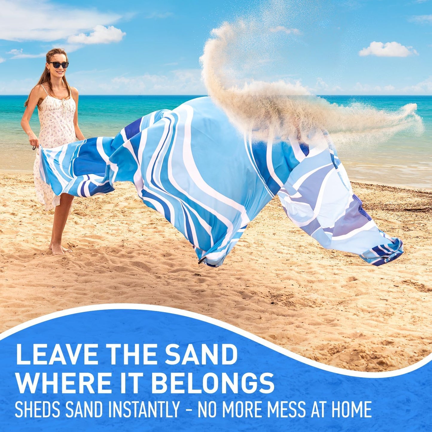 Manta playa impermeable 128x108" azul para 10 personas