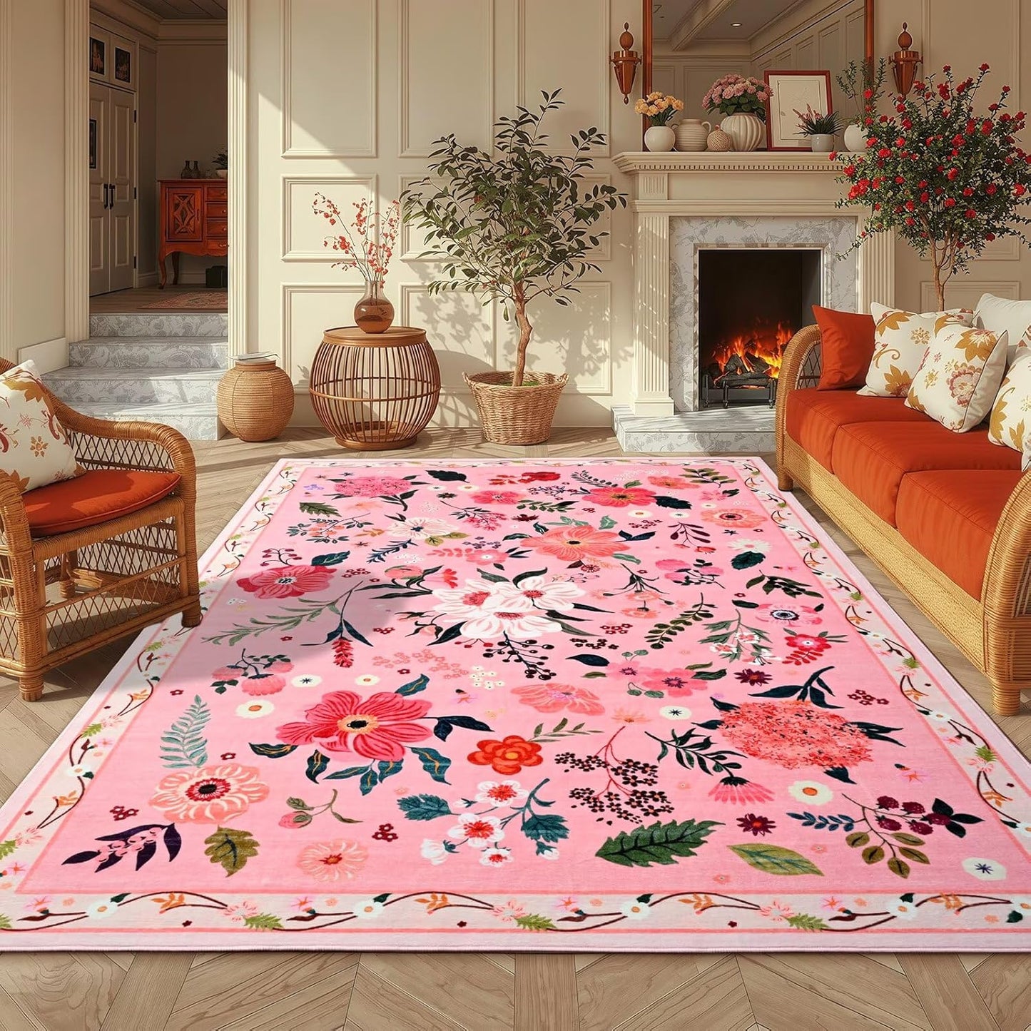 Alfombra floral rosa 5x7pulg sala dormitorio niña