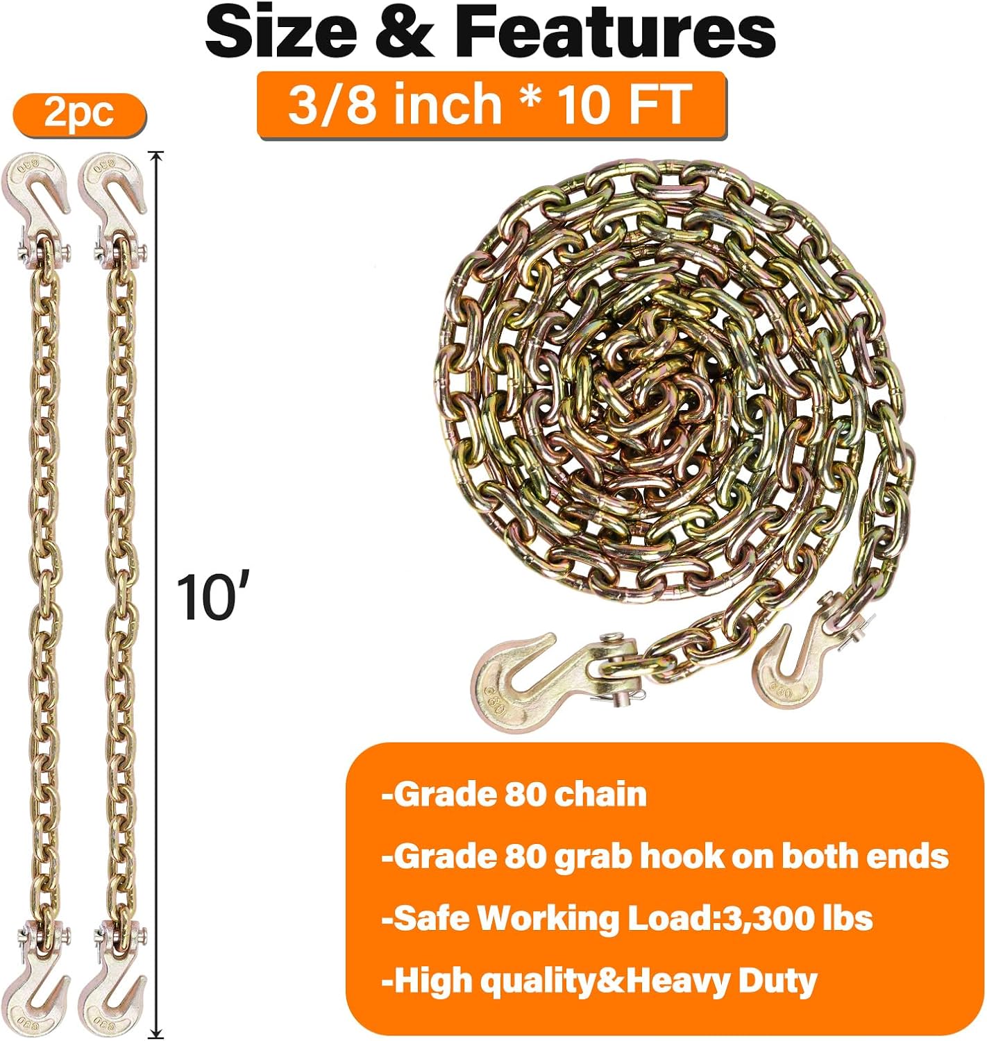 Cadena G80 3/8pulg con gancho 10pies 7100lb
