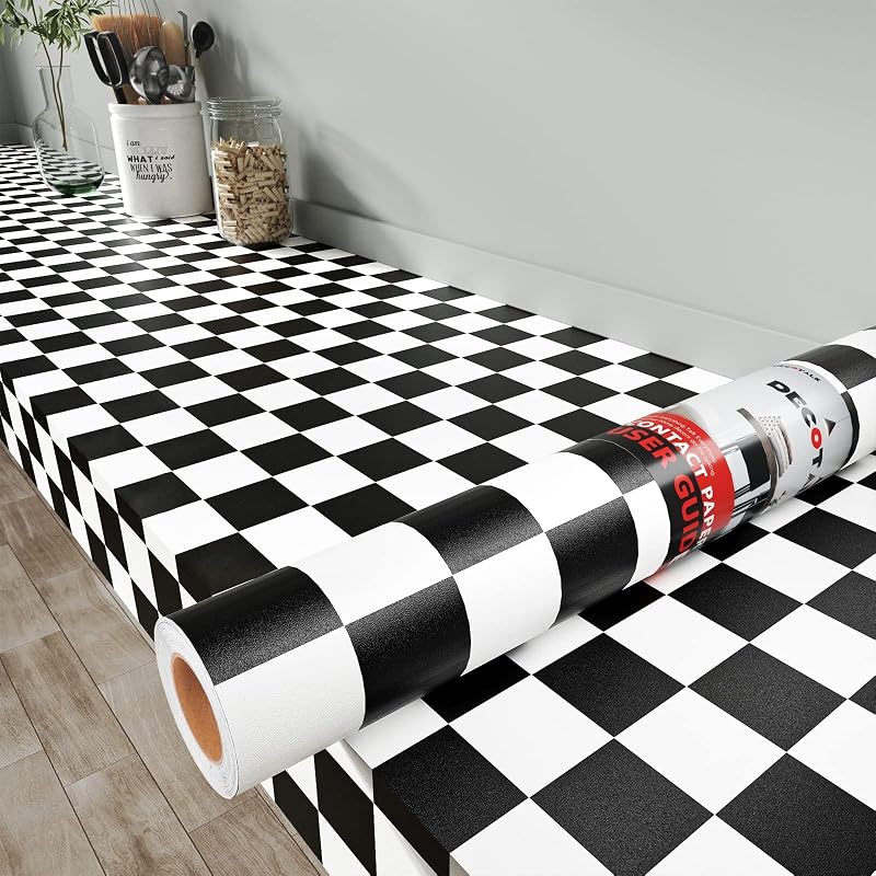 Papel tapiz a cuadros 17.7x400" blanco y negro extraíble