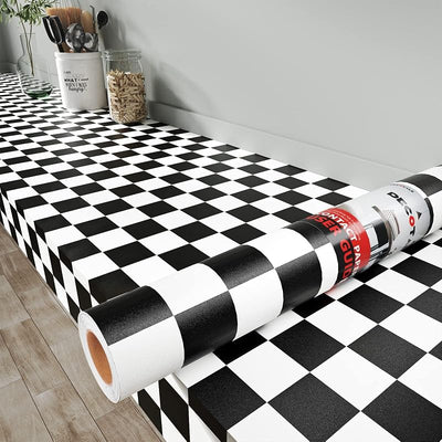 Papel tapiz a cuadros 17.7x400" blanco y negro extraíble