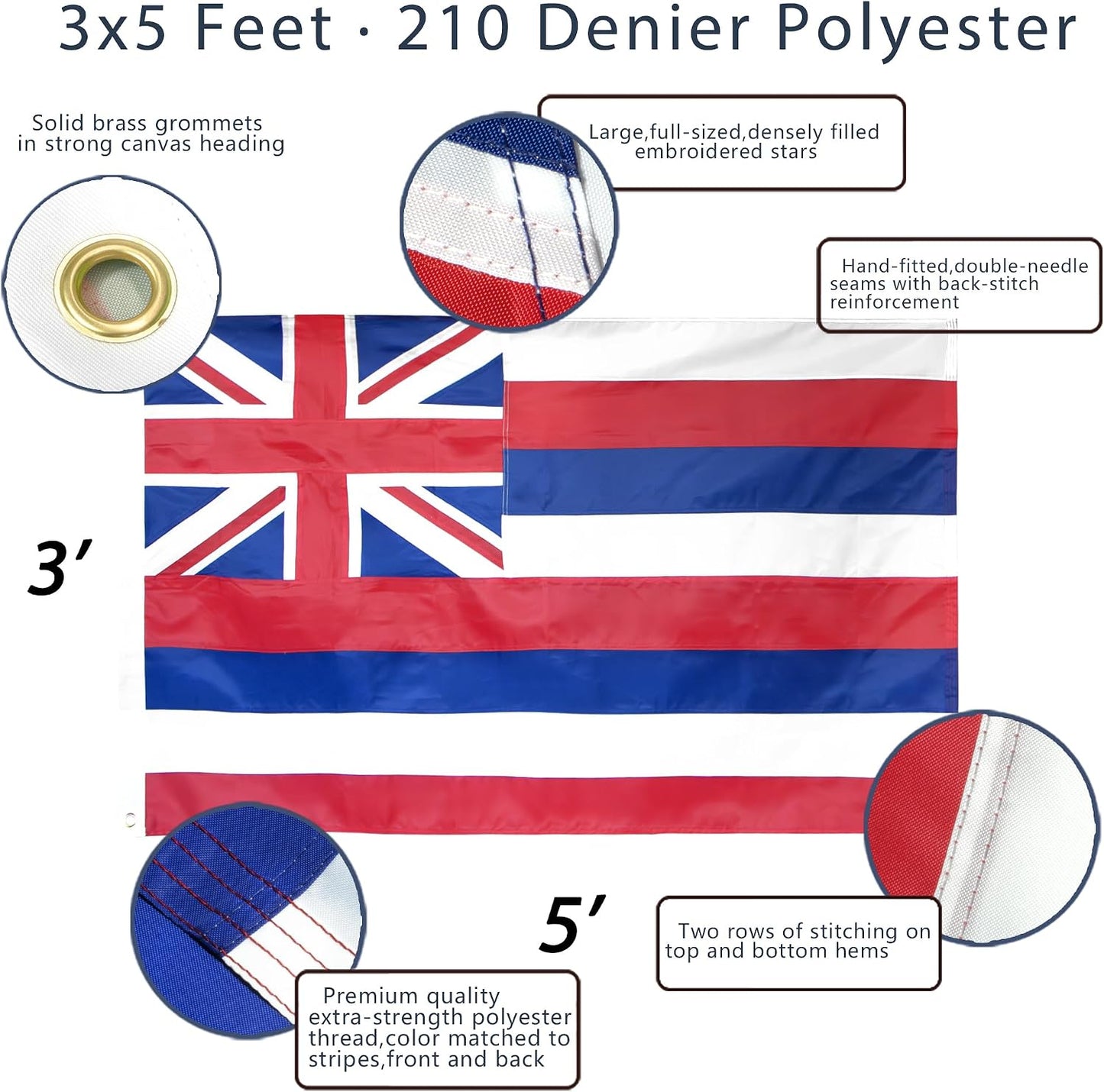Bandera Hawái HI 3x5ft lona bordada con ojales latón