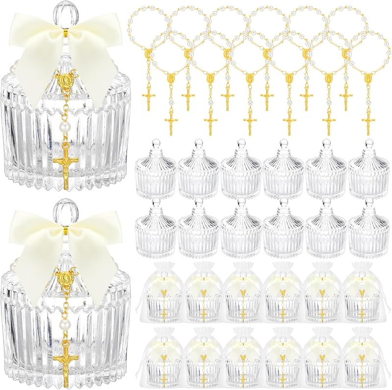 12 Set 48 Pzas Recuerdos Bautismo Cuencos Cristal Rosarios Blanco