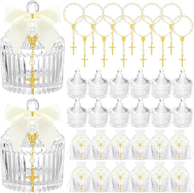 12 Set 48 Pzas Recuerdos Bautismo Cuencos Cristal Rosarios Blanco