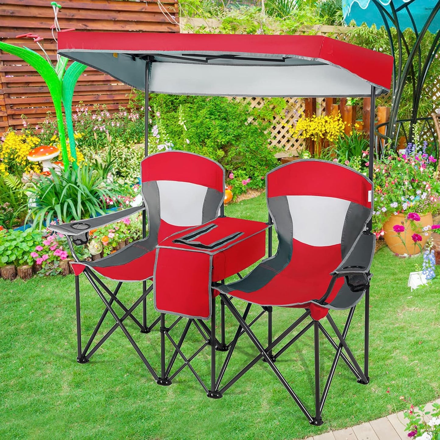 Asiento campamento doble con toldo mesa bebidas silla