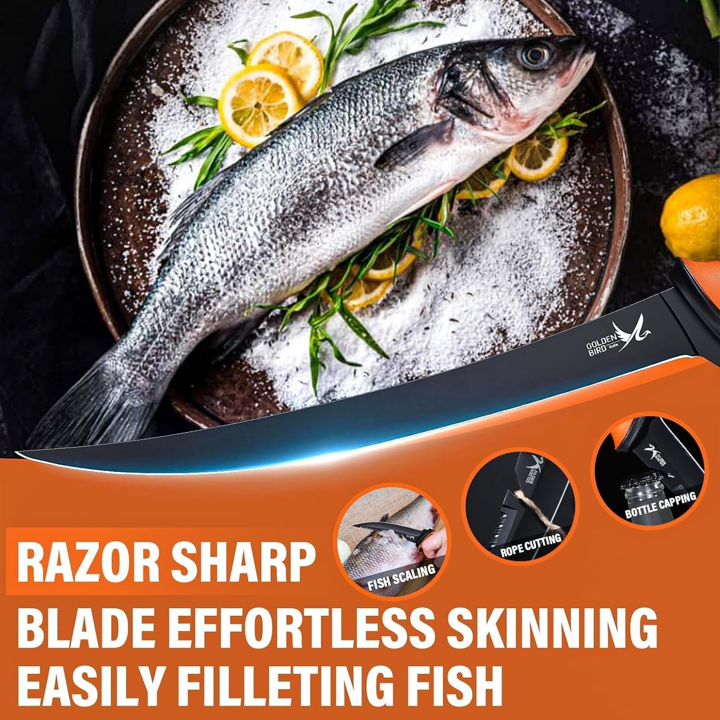Cuchillo filete pescado 9pulg acero asa antiderrap con funda