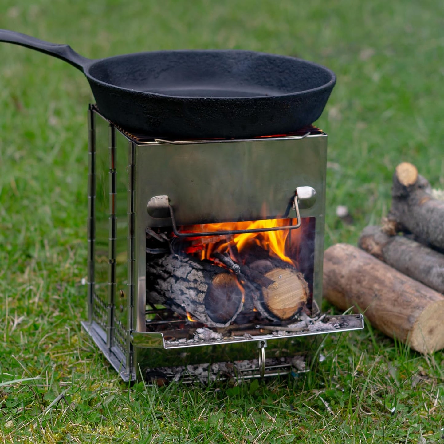 Estufa de leña acero inox parrilla portátil camping bushcraft