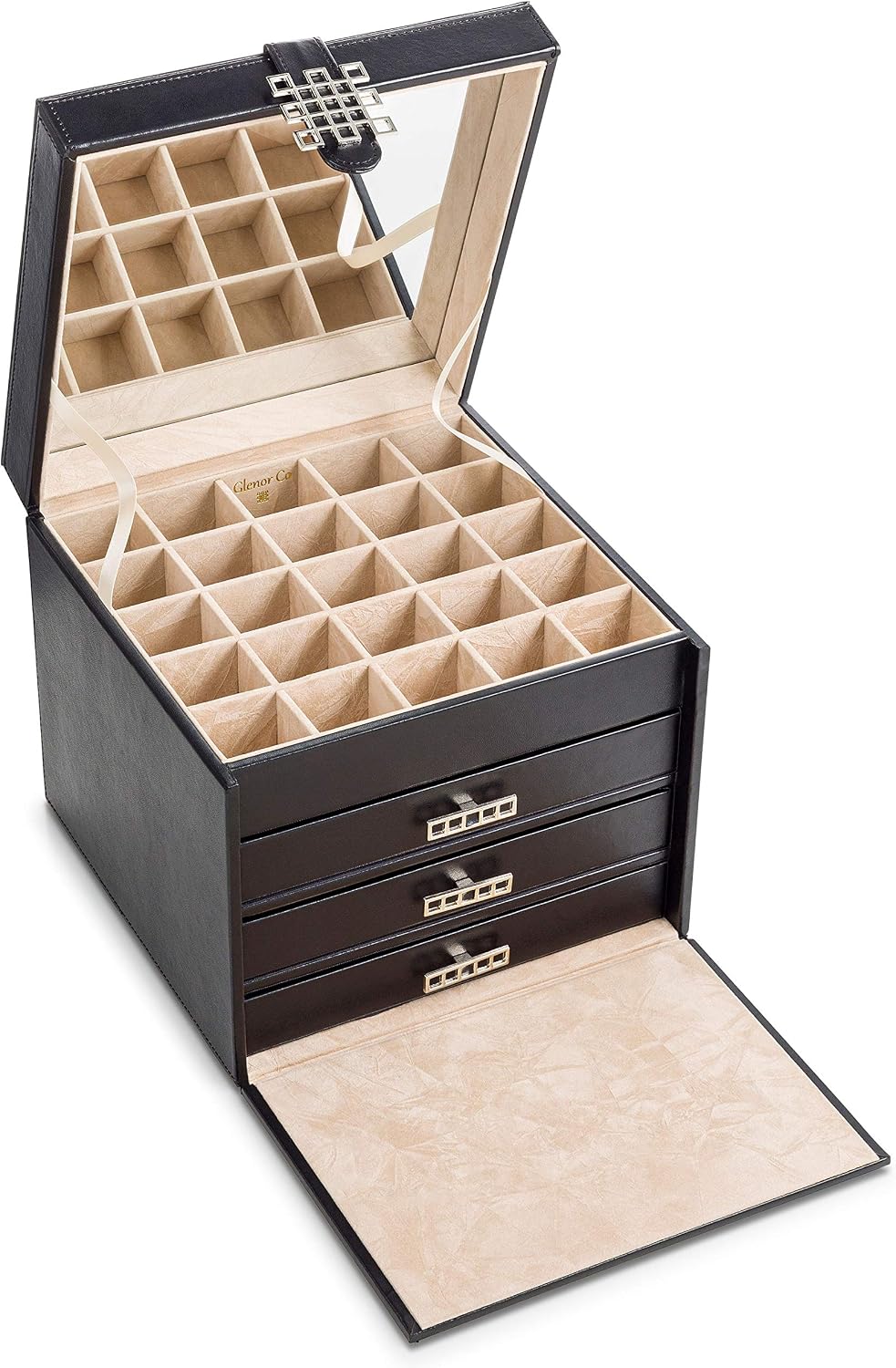 Organiz. aretes 75 ranuras caja joyería piel sintética negro