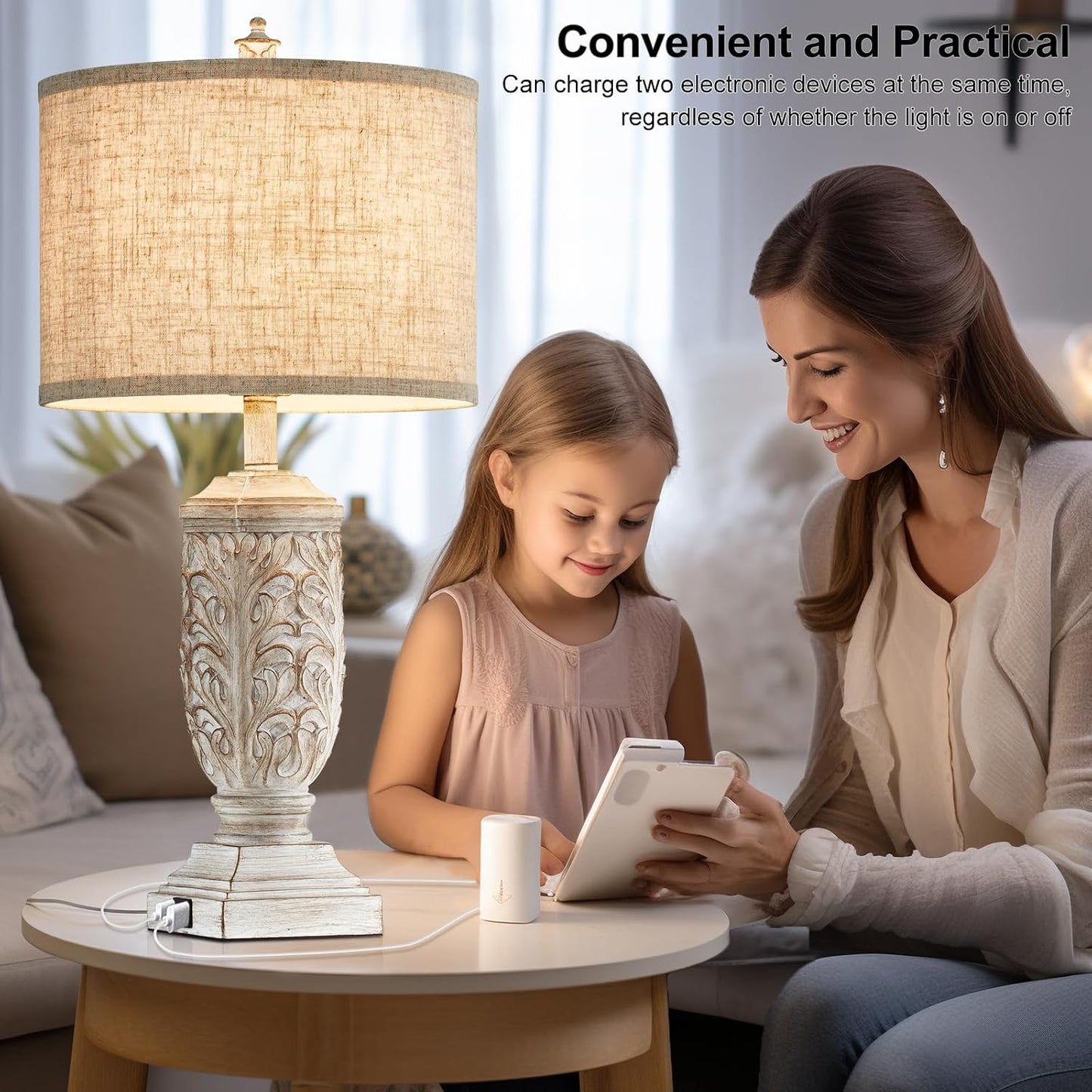 2 Lámparas Mesa Rústicas 27.5pulg USB Resina Blanca