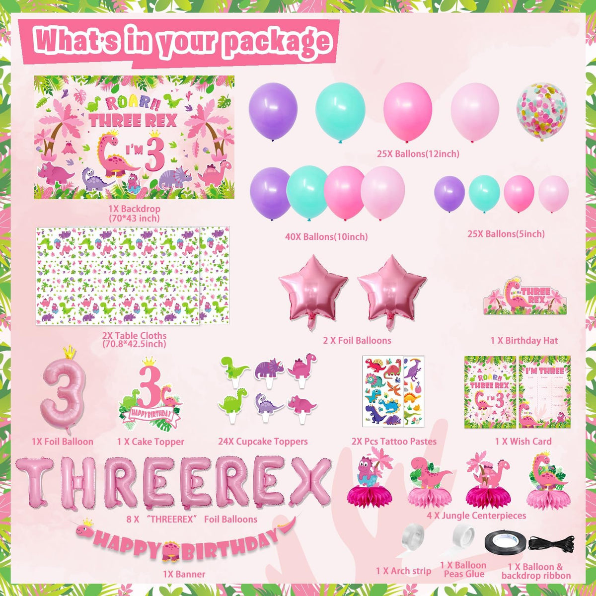 Decoración cumpleaños dinosaurio rosa para niña 3 años 134 pzas