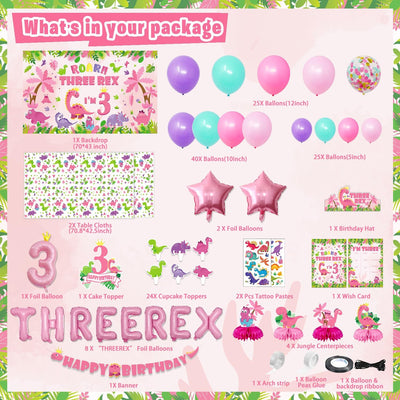 Decoración cumpleaños dinosaurio rosa para niña 3 años 134 pzas
