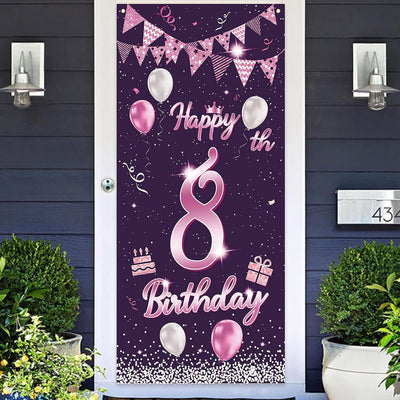 Cartel cumpleaños 8 años globos rosa decoración puerta