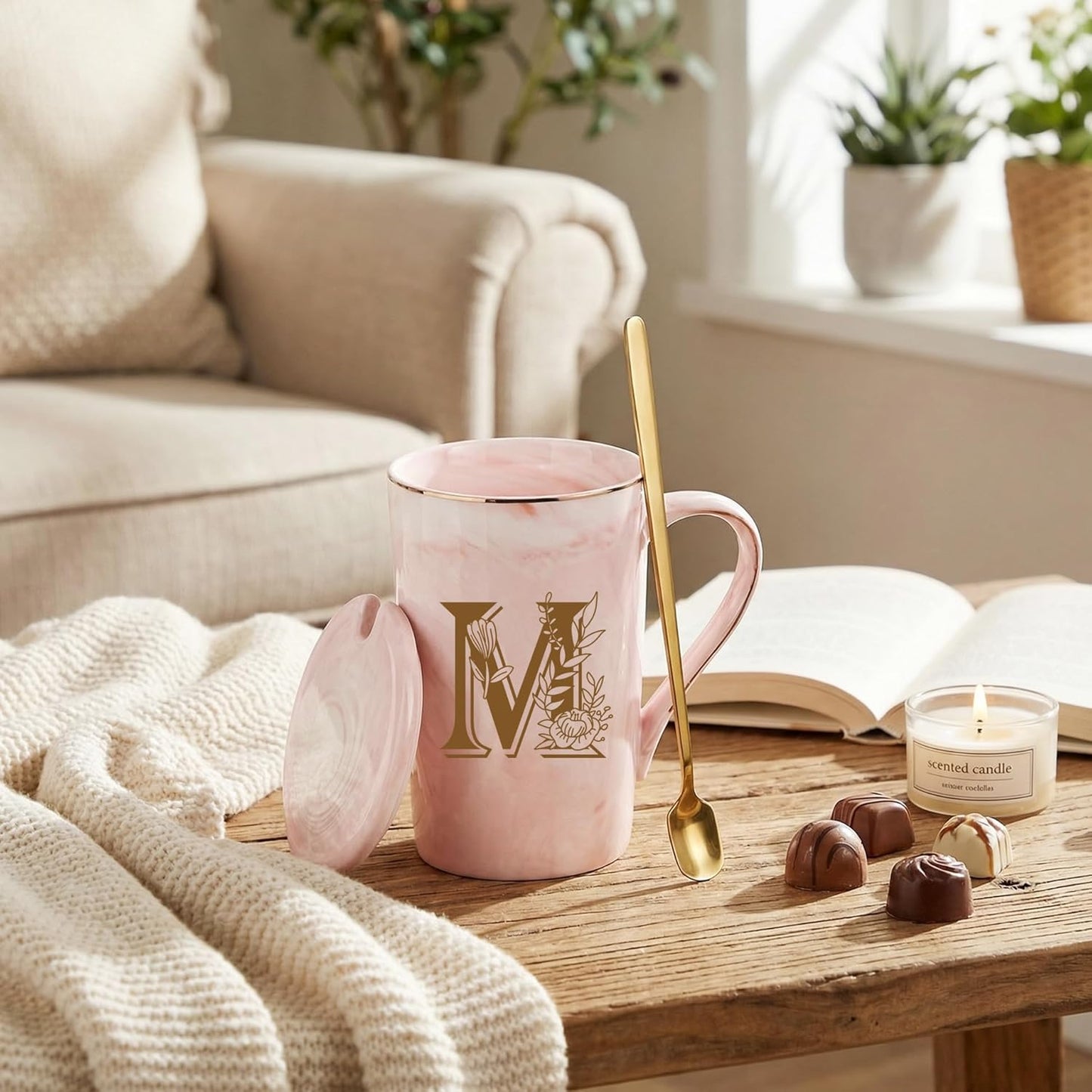 Taza café personalizada con letra M 14oz rosa con tapa