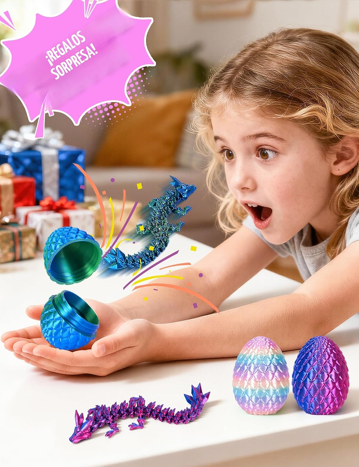 4 Pzas Huevos Dino 3D con Dragón Articulado para Niños