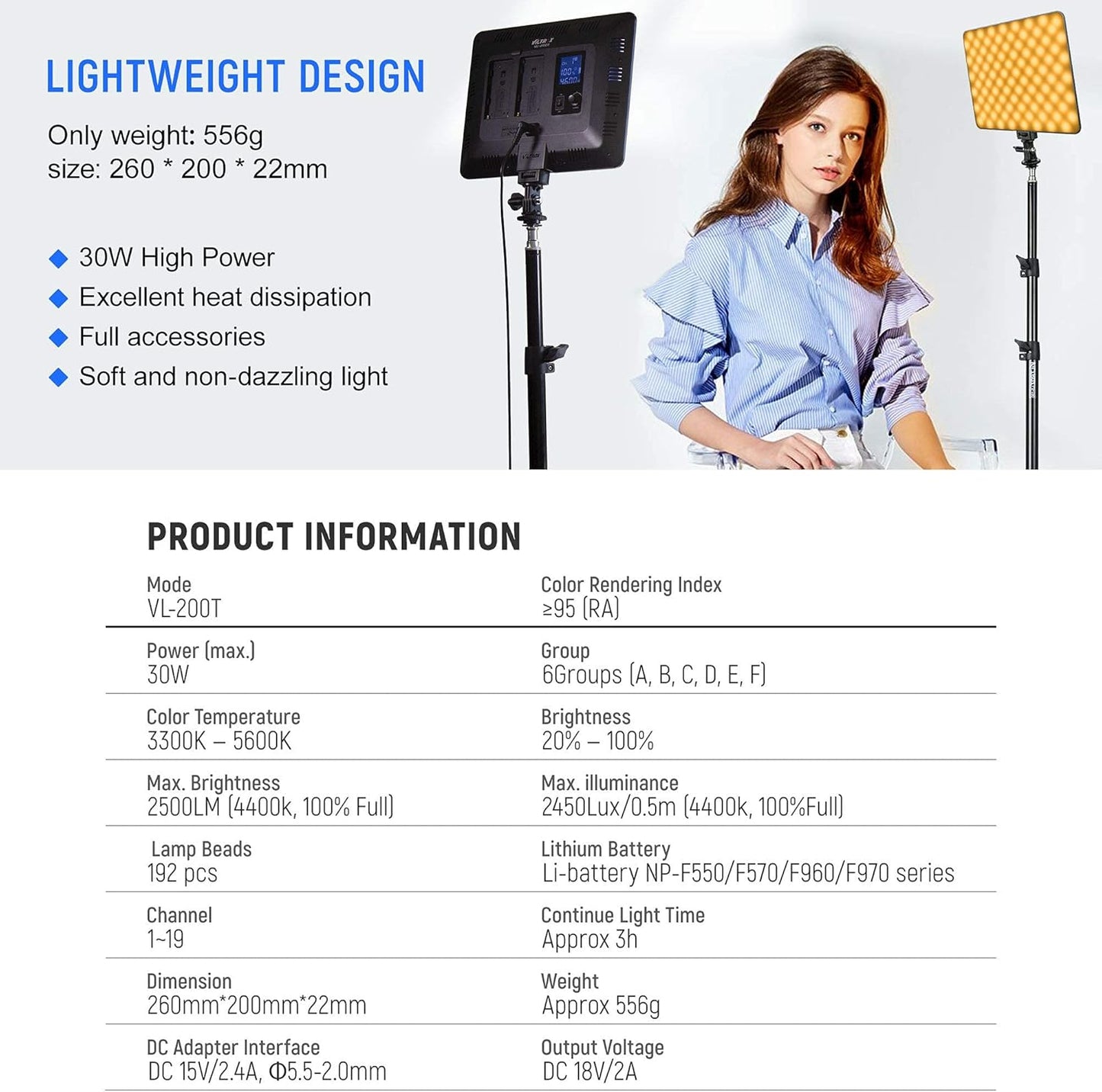 2 Luces LED Regulables 3300K-5600K con Soporte y Control Remoto