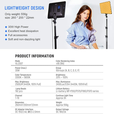 2 Luces LED Regulables 3300K-5600K con Soporte y Control Remoto