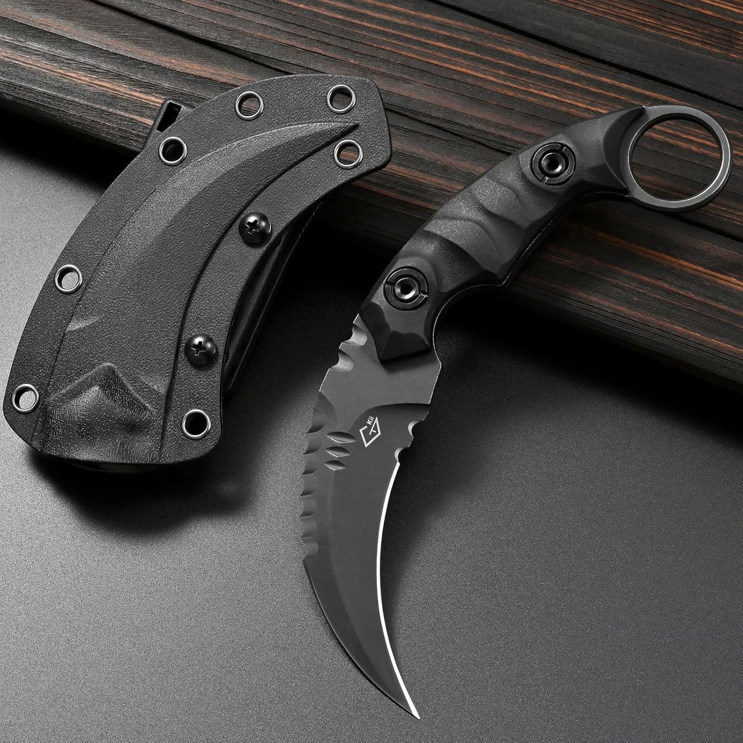 Cuchillo fijo D2 acero mango nylon Kydex camping caza EDC
