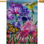 Bandera bienvenida jardín colibrí flor morada pájaro