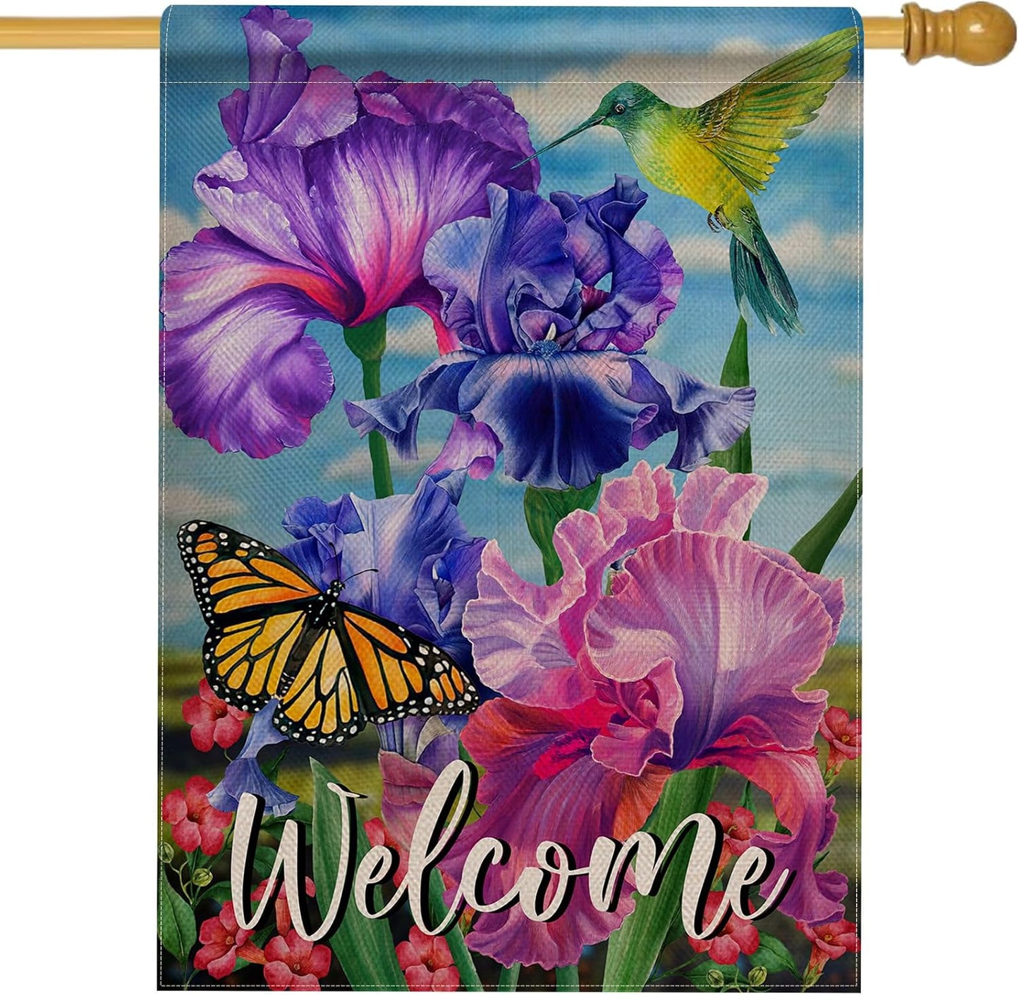Bandera bienvenida jardín colibrí flor morada pájaro