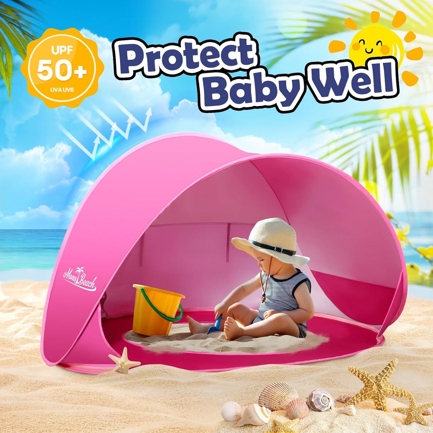Tienda playa bebé UPF50 toldo fácil instalar rosa