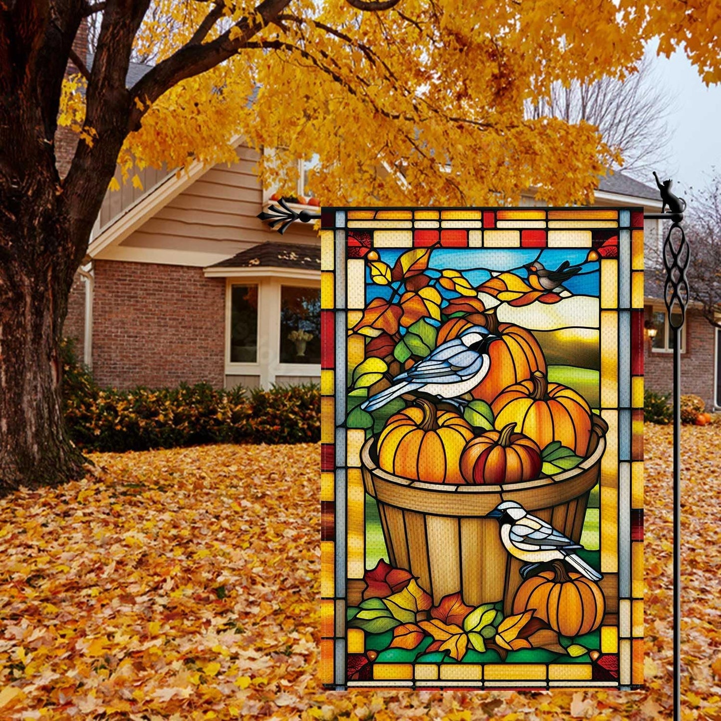 Bandera jardín calabaza otoño estilo vitral doble cara rústica