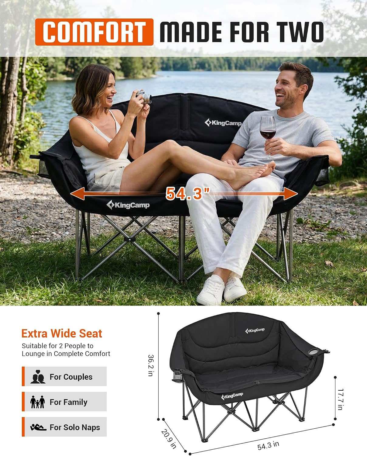 Silla campamento doble XL plegable acolchada 2 asientos