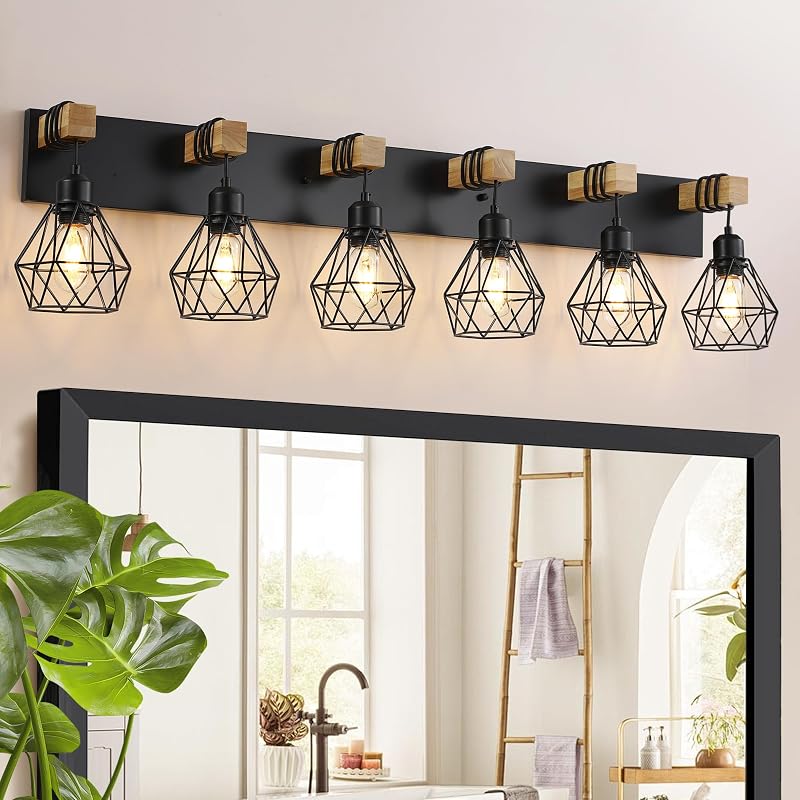 Lámpara tocador estilo granja 6 luces madera dormitorio