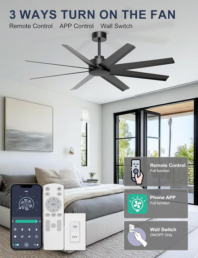 Ventilador techo 60pulg negro 8 aspas control remoto motor CC