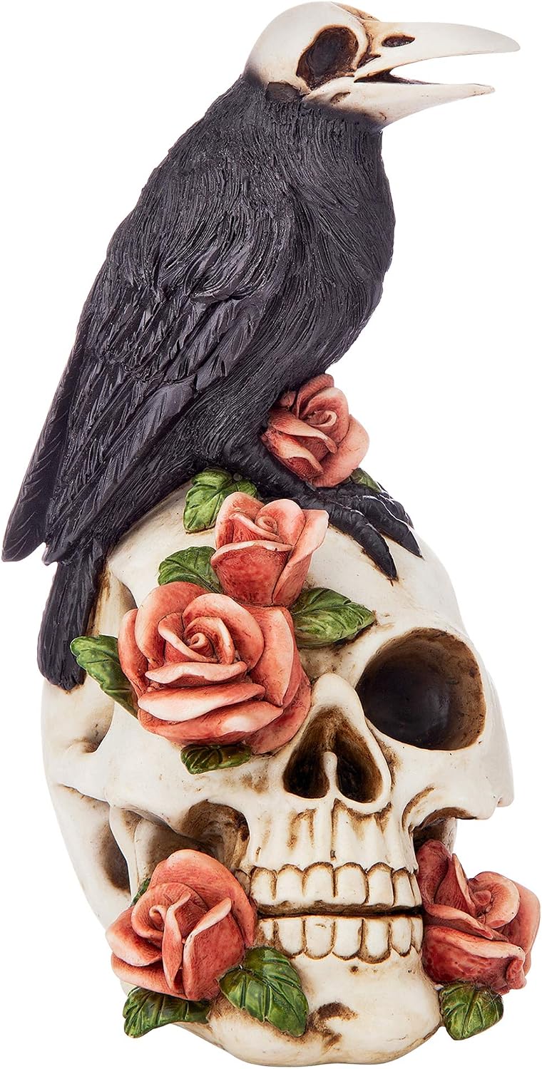 Estatua Cráneo Gótico Día de los Muertos Cuervo y Rosas