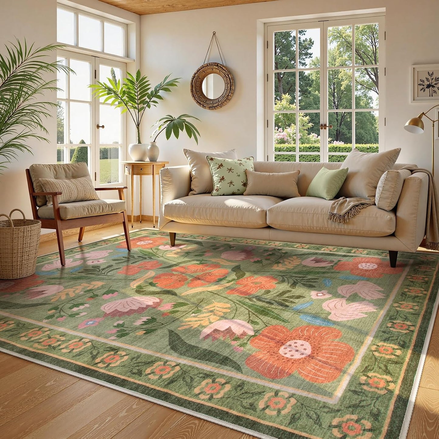 Alfombra Lavable Floral Verde 8x10 para Sala Estar