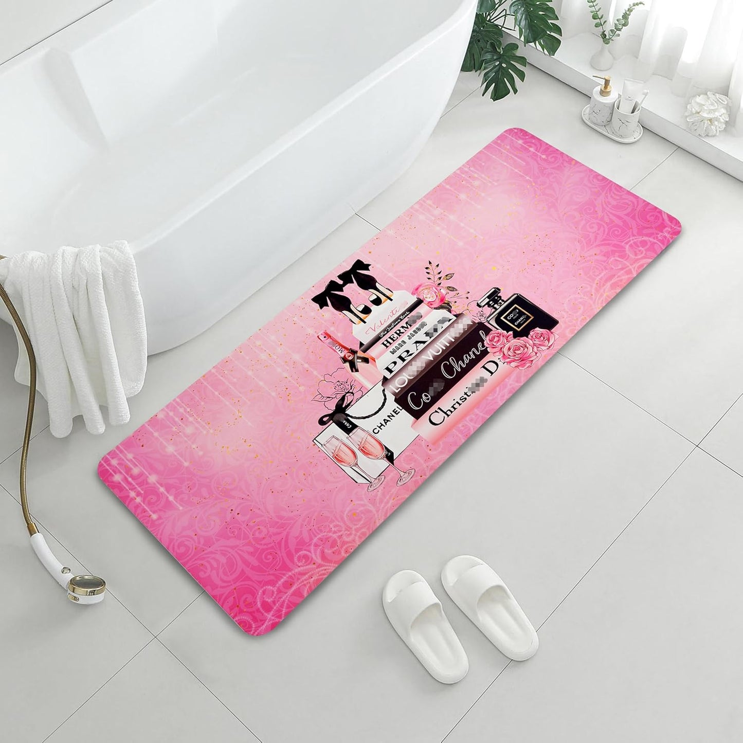 Tapete baño rosa diseño floral gamuza antiderrap 20x48pulg