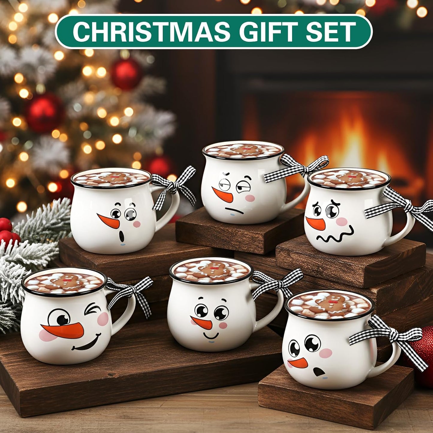 Set 6 Tazas Cerámica Invierno 12oz con Asa Regalo Centros Mesa