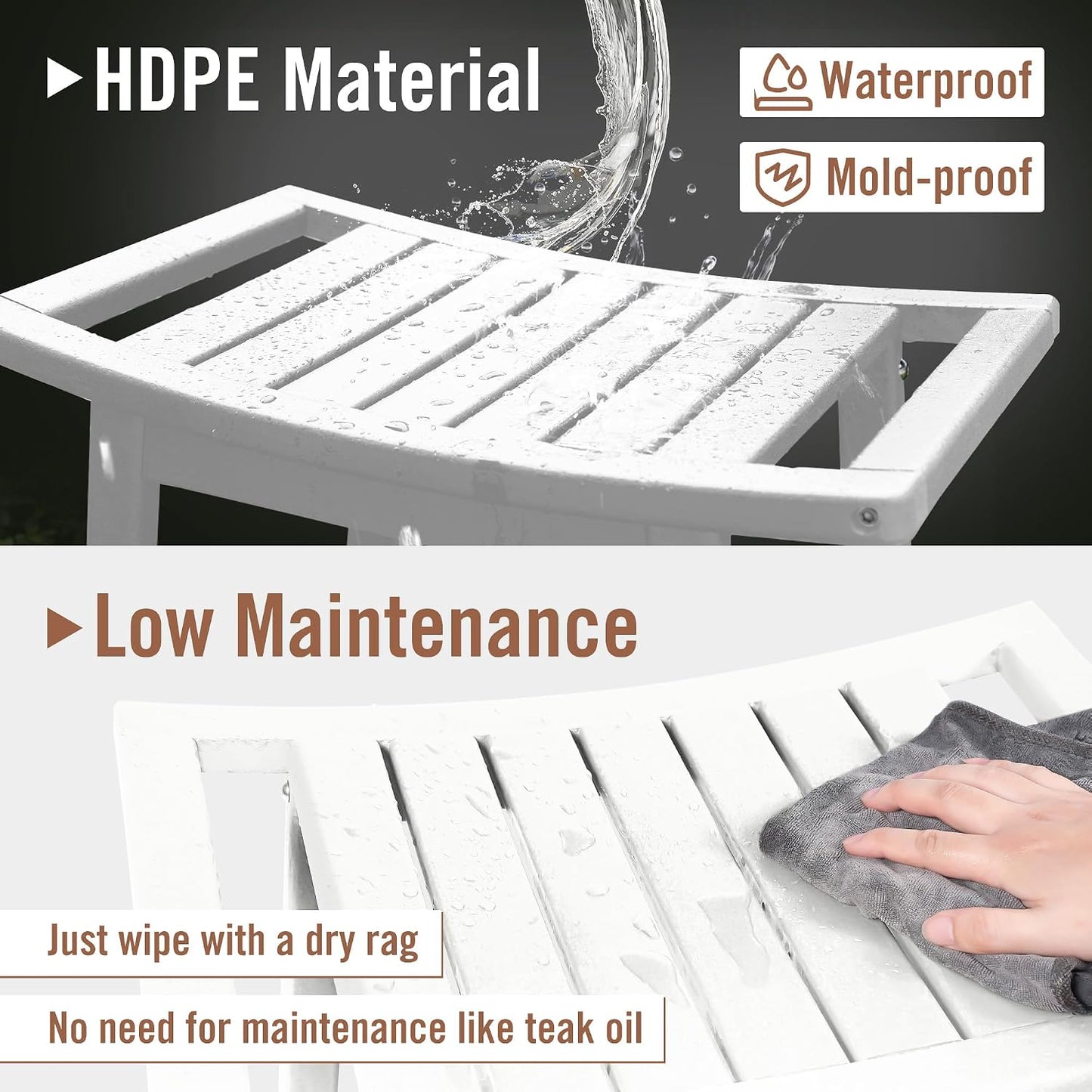 Banco ducha impermeable plástico HDPE con estante y asas