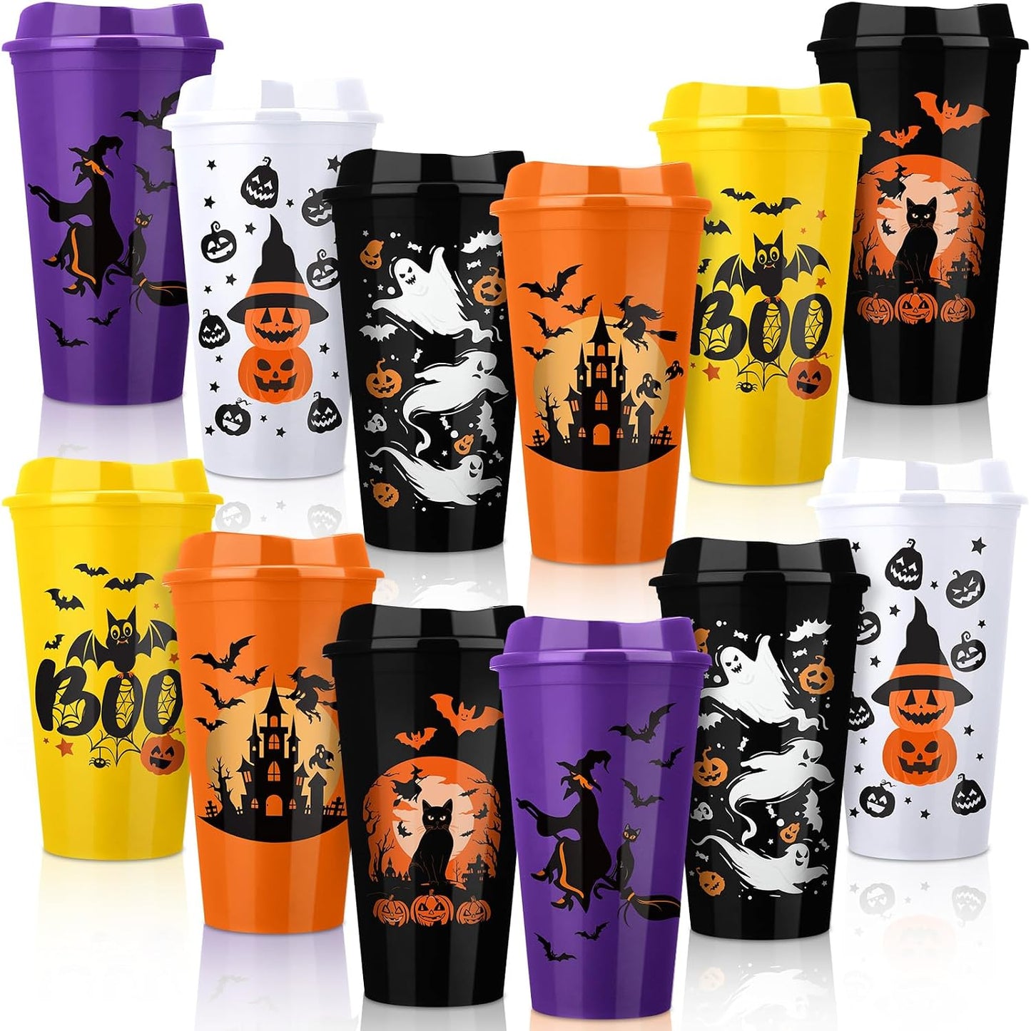 12 Vasos Café Reutilizables 16oz Halloween Bruja Calabaza